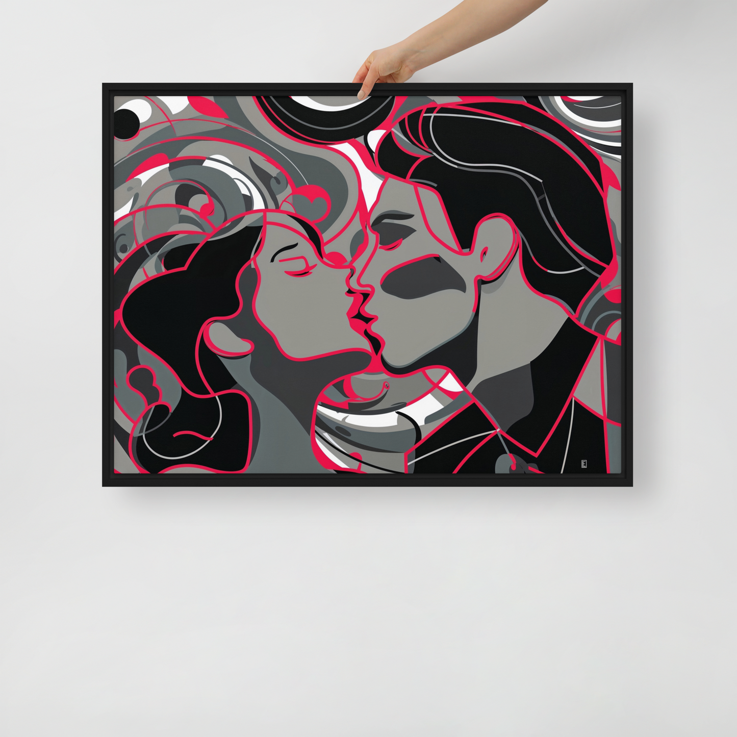 Œuvre d’art moderne colorée et sobre représentant un baiser entre un homme et une femme decoration de salon contemporaine