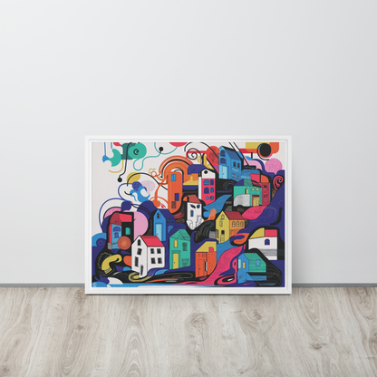 Tableau sur toile encadrée de haute qualité d’art contemporain coloré et au design éclatant représentant un village Italien des 5 terres, adapté à une décoration de chambre moderne