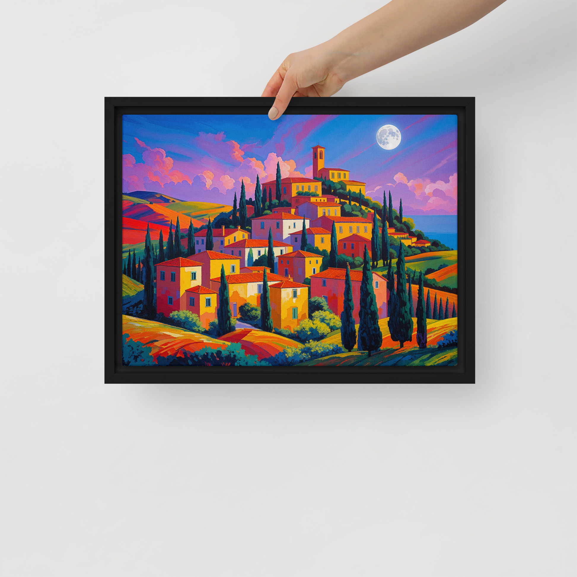 Tableau d'art naïf représentant un village Italien de Toscane. Très coloré idéal pour une décoration intérieure de chambre moderne.