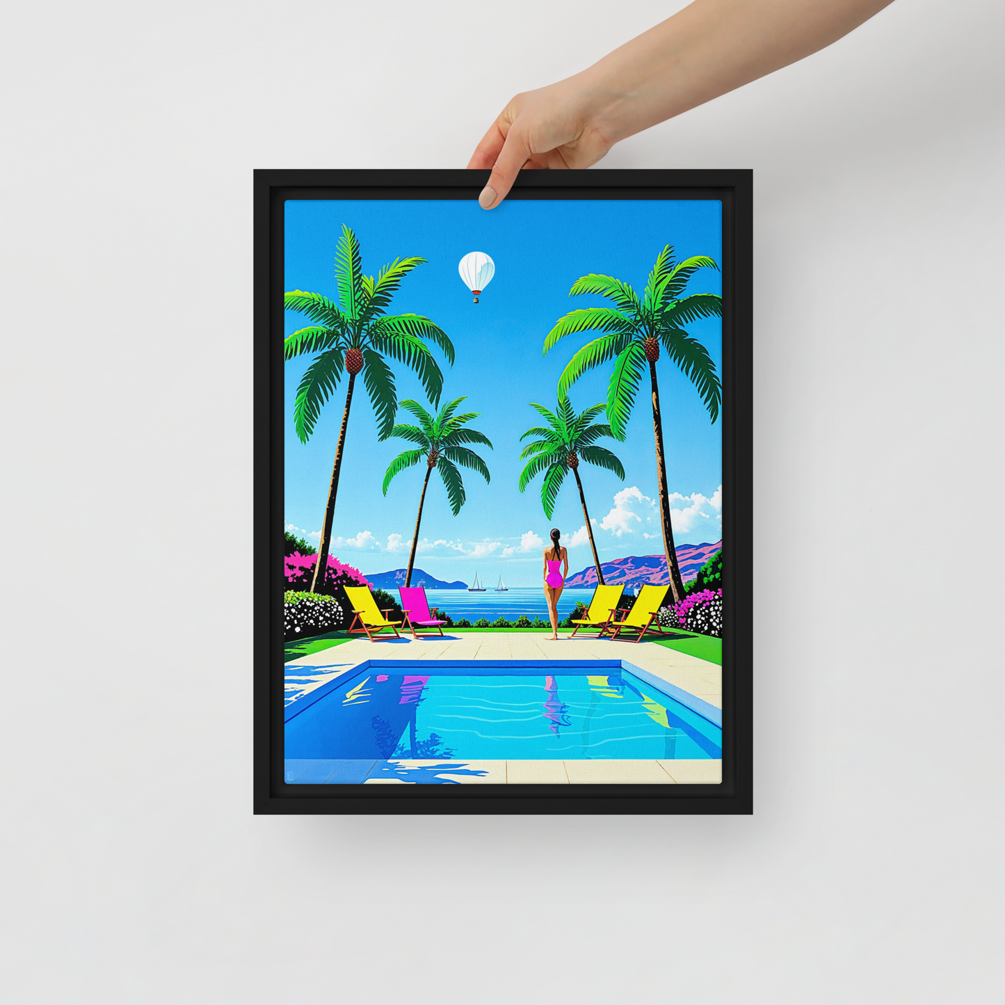 Toile dans le style Pop coloré David Hockney, représentant un paysage de piscine sur fond d'Océan. C'est une toi moderne pour une décoration contemporaine