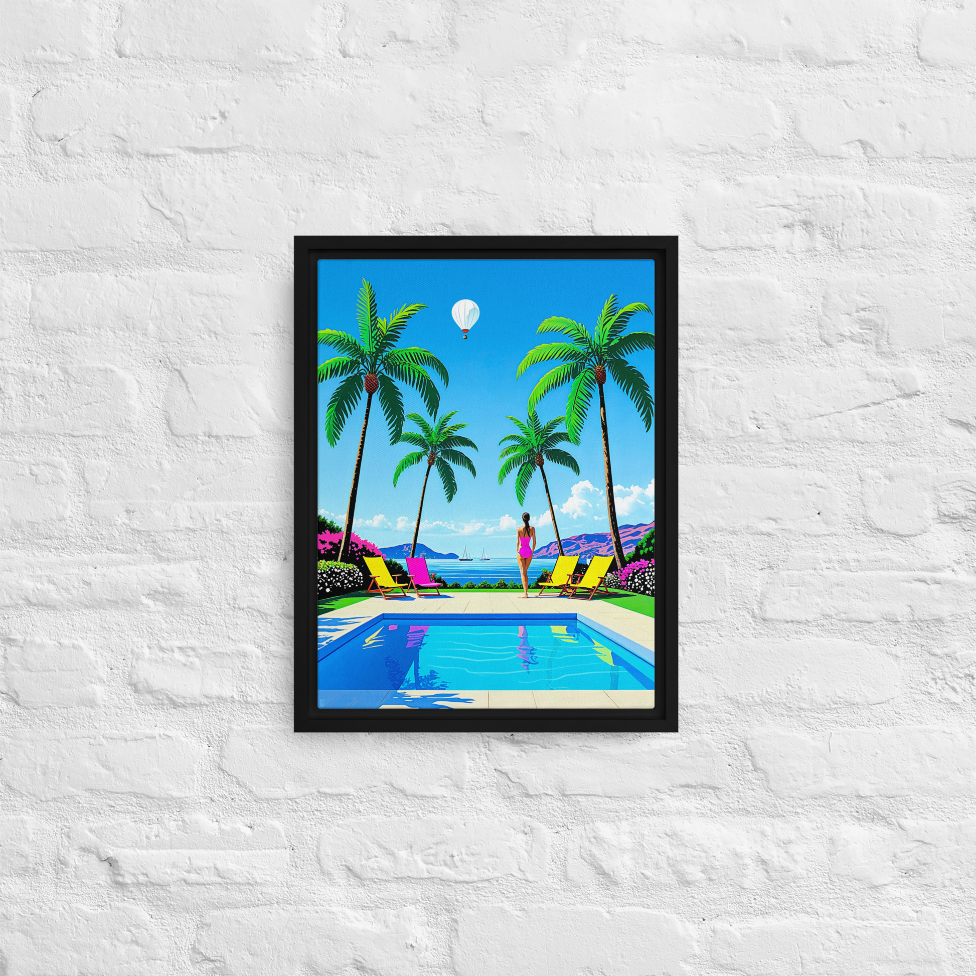 Toile dans le style Pop coloré David Hockney, représentant un paysage de piscine sur fond d'Océan. C'est une toi moderne pour une décoration contemporaine