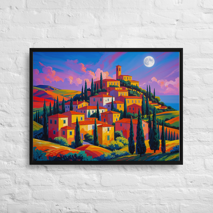 Tableau d'art naïf représentant un village Italien de Toscane. Très coloré idéal pour une décoration intérieure de chambre moderne.