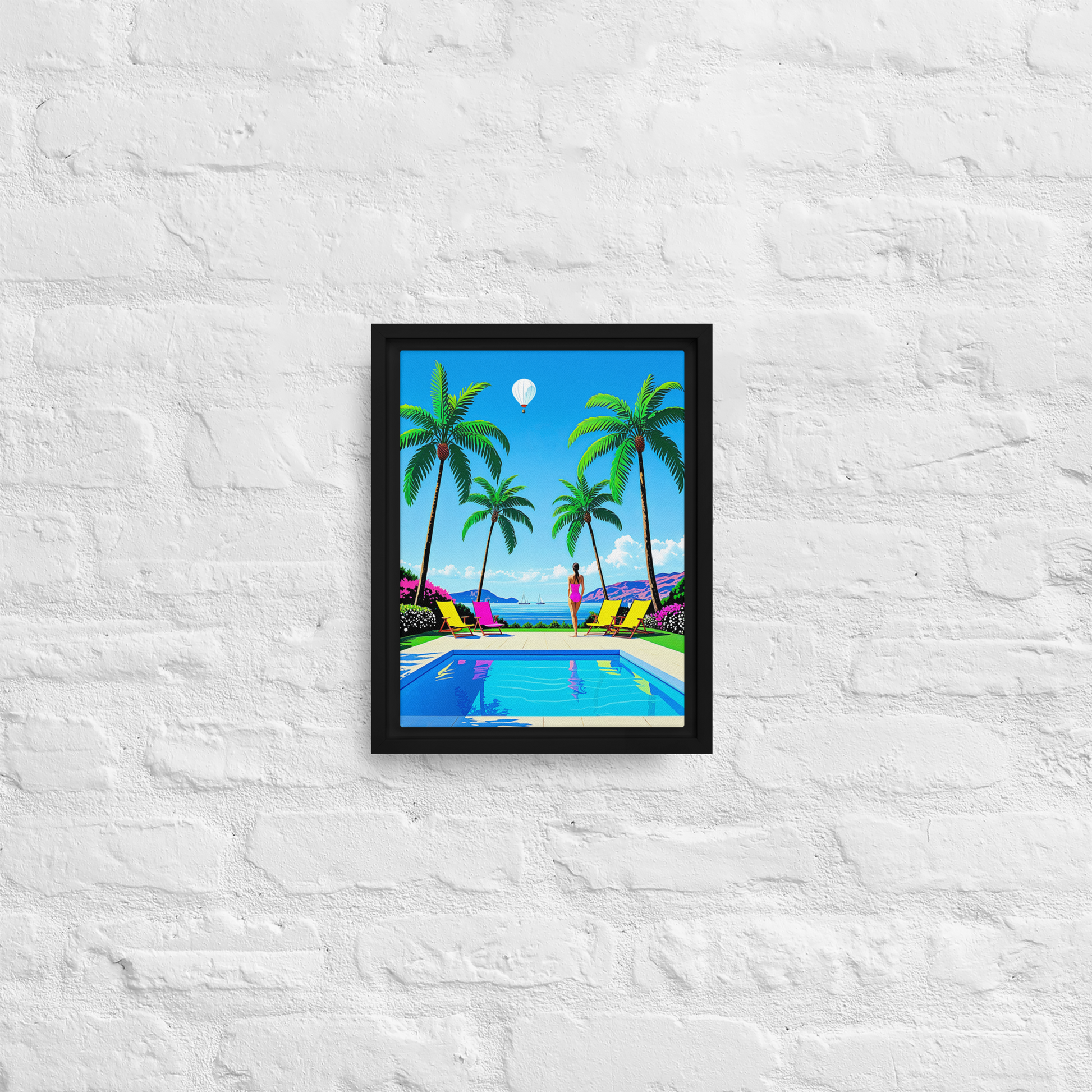 Toile dans le style Pop coloré David Hockney, représentant un paysage de piscine sur fond d'Océan. C'est une toi moderne pour une décoration contemporaine