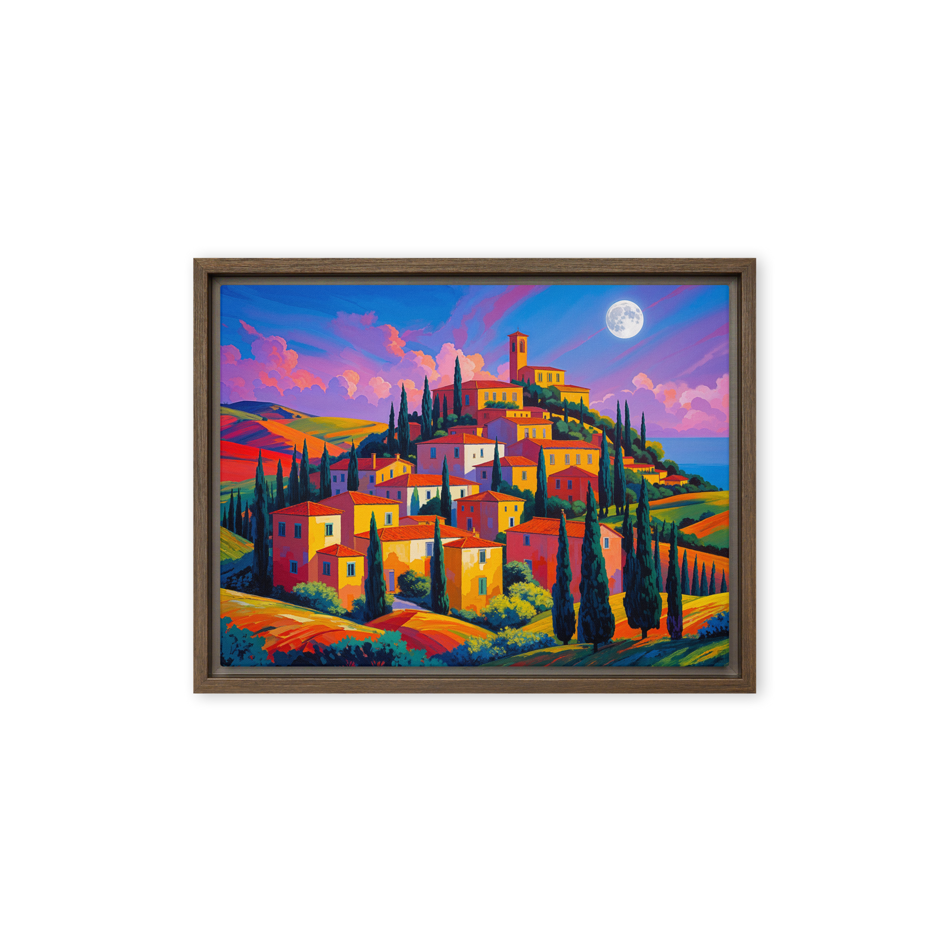 Tableau d'art naïf représentant un village Italien de Toscane. Très coloré idéal pour une décoration intérieure de chambre moderne.