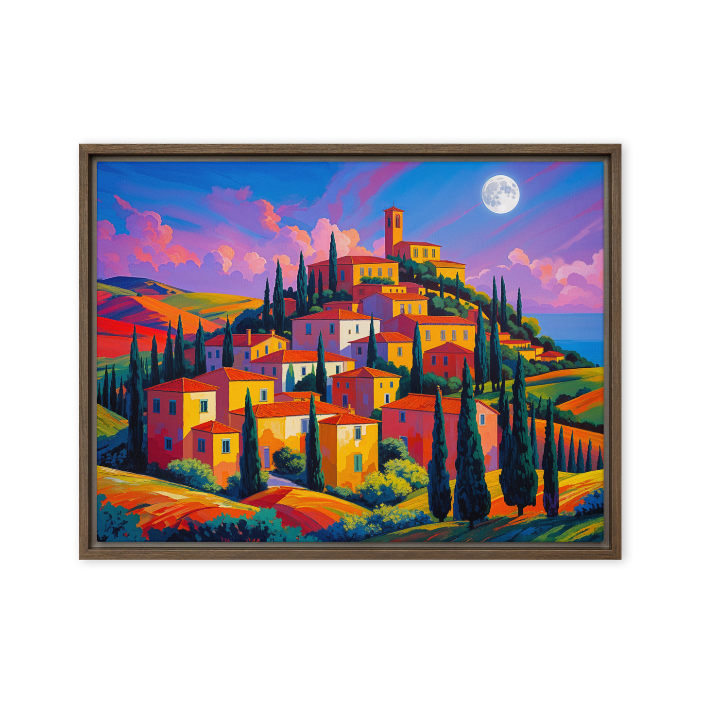 Tableau d'art naïf représentant un village Italien de Toscane. Très coloré idéal pour une décoration intérieure de chambre moderne.