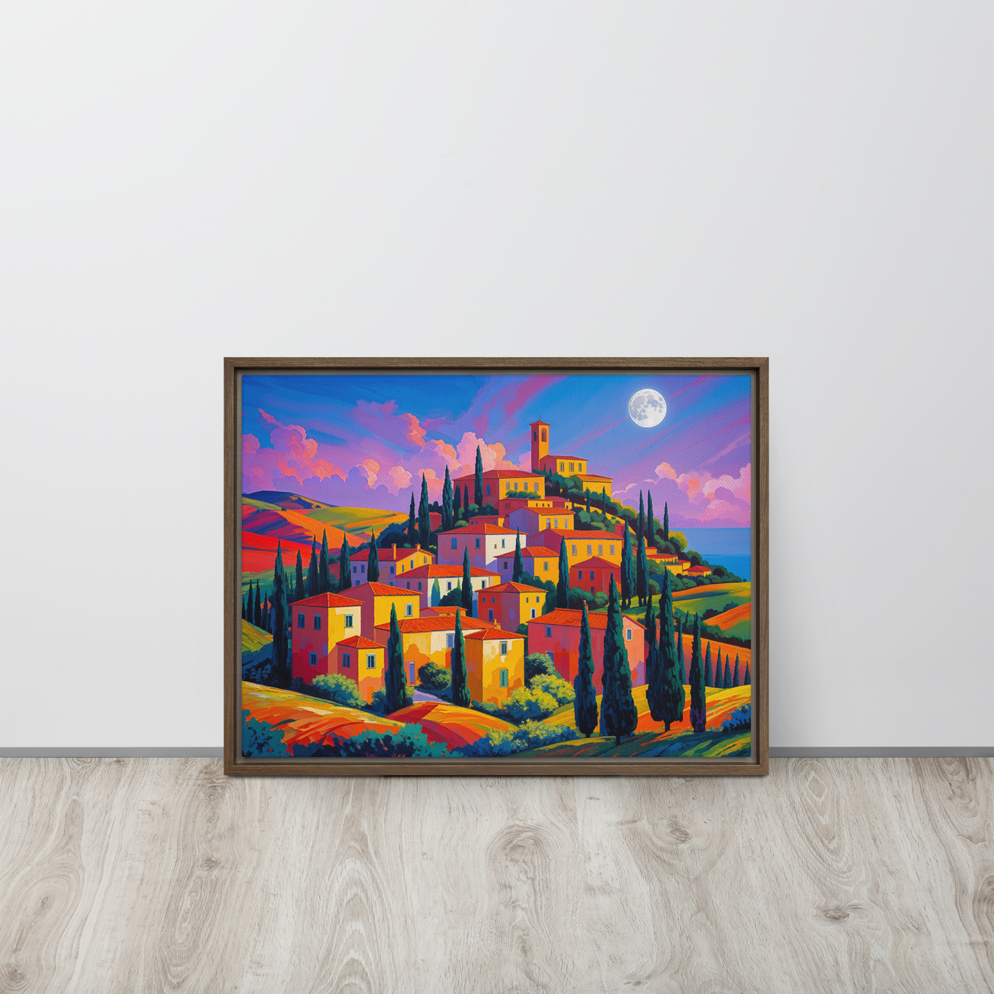 Tableau d'art naïf représentant un village Italien de Toscane. Très coloré idéal pour une décoration intérieure de chambre moderne.