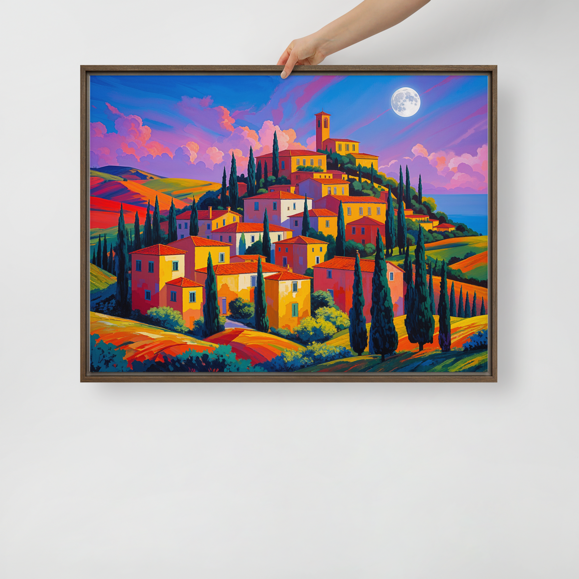 Tableau d'art naïf représentant un village Italien de Toscane. Très coloré idéal pour une décoration intérieure de chambre moderne.