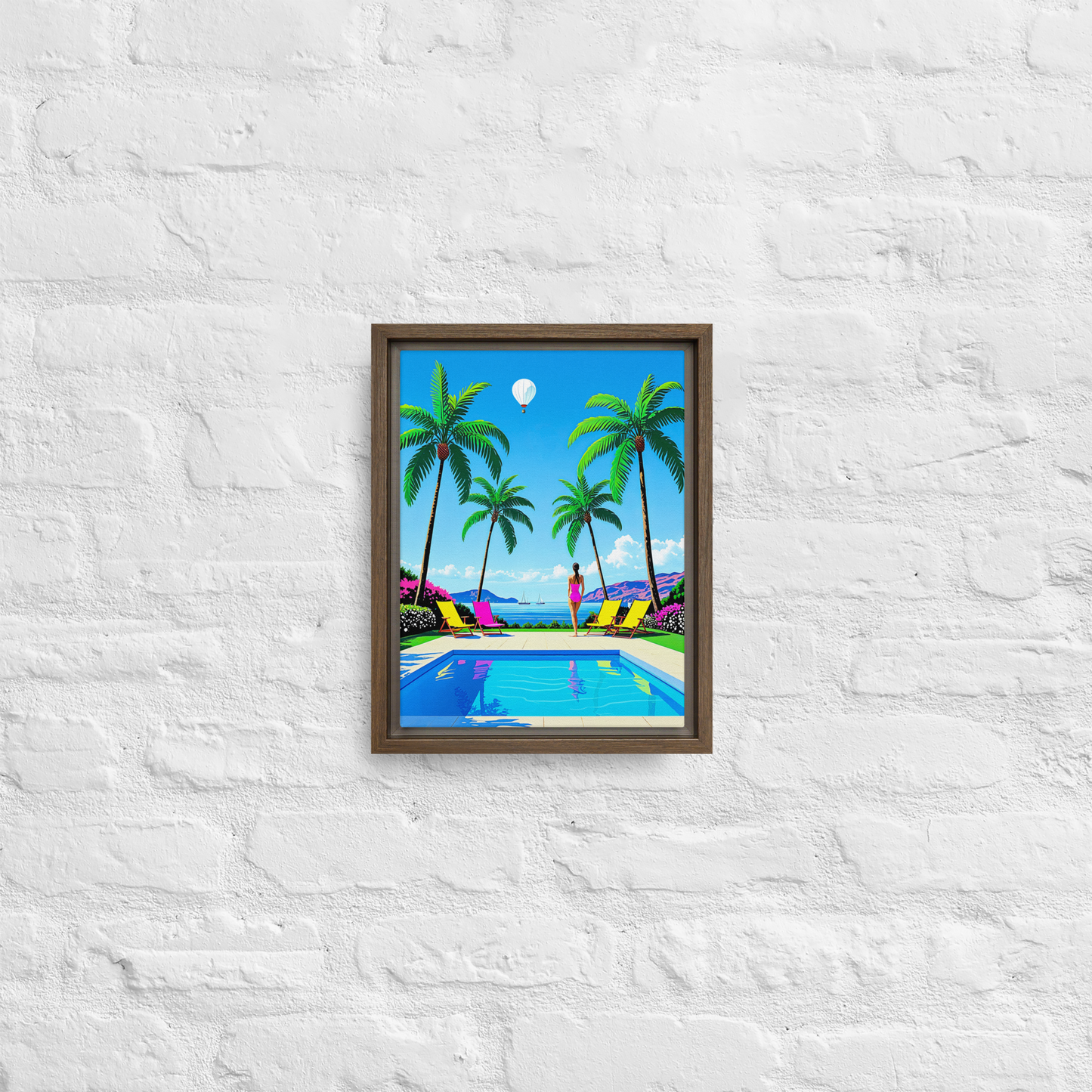 Toile dans le style Pop coloré David Hockney, représentant un paysage de piscine sur fond d'Océan. C'est une toi moderne pour une décoration contemporaine