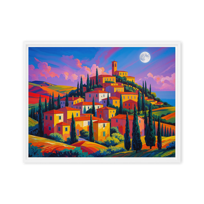 Tableau d'art naïf représentant un village Italien de Toscane. Très coloré idéal pour une décoration intérieure de chambre moderne.