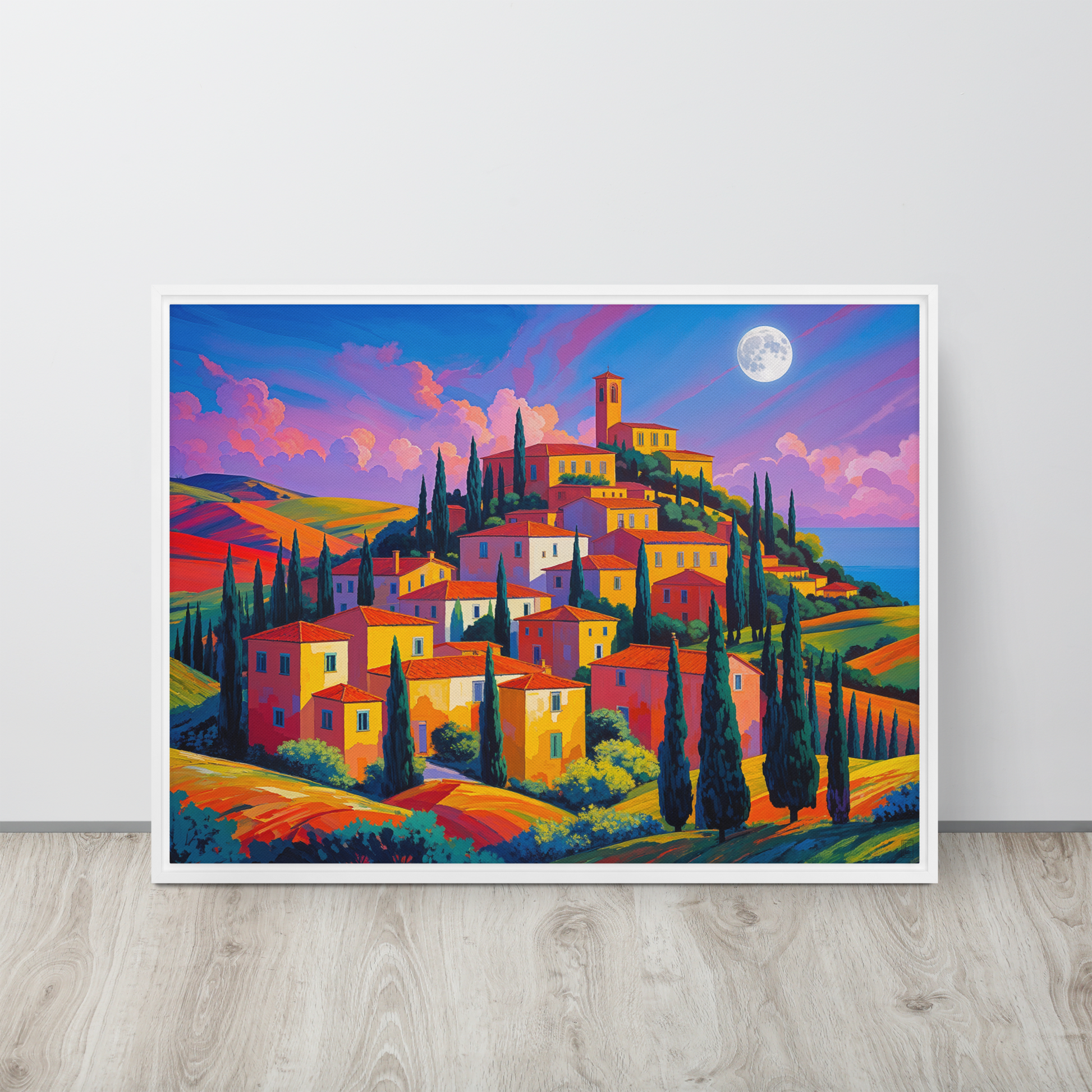 Tableau d'art naïf représentant un village Italien de Toscane. Très coloré idéal pour une décoration intérieure de chambre moderne.