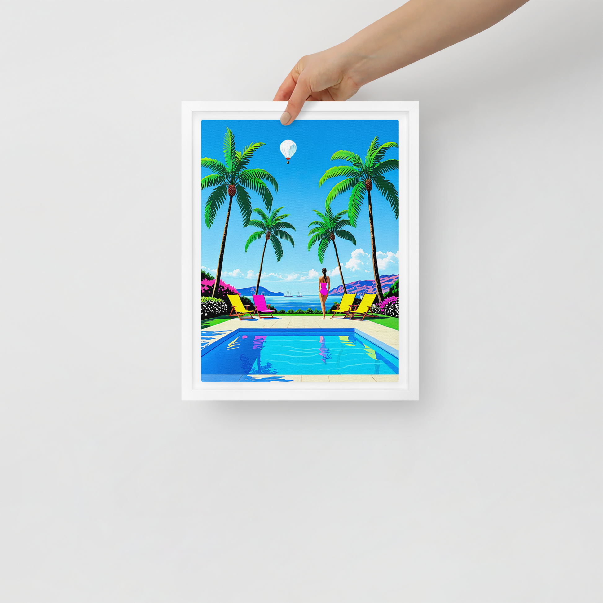 Toile dans le style Pop coloré David Hockney, représentant un paysage de piscine sur fond d'Océan. C'est une toi moderne pour une décoration contemporaine