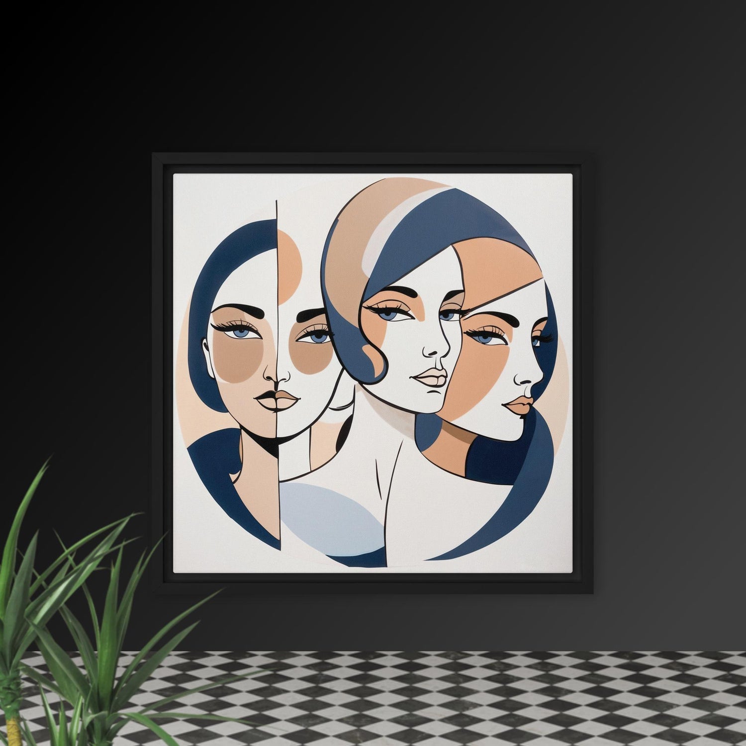 tableau d'art moderne simple et stylé, pour décoration de chambre ou de salon. des visages fin entrelacés avec des couleurs reposantes